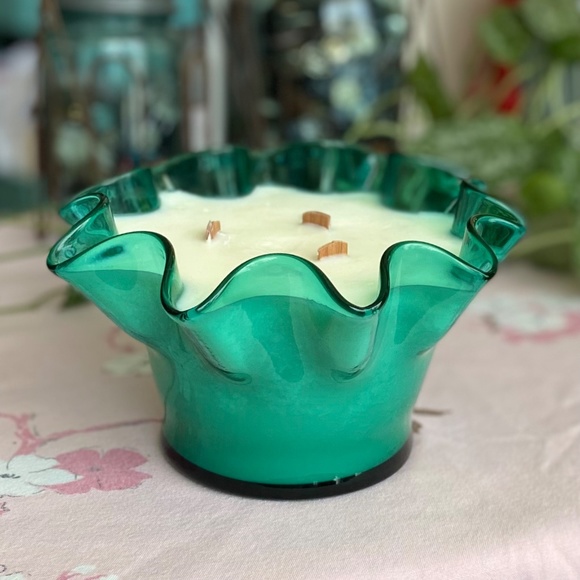 Teal Blue Hand Blown Art Glass Hand Poured Scented Soy Candle - Picture 2 of 7